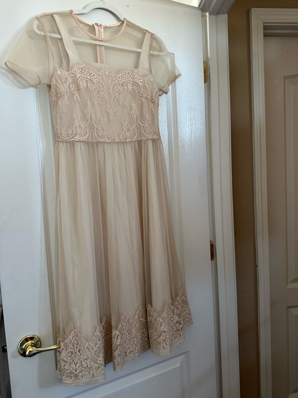 Beige Lace Overlay Tulle Dress